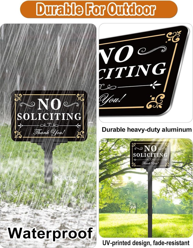 multiwins No Soliciting Sign for House with Stake - Adjustable Height - 12 x 8 Inch/37 Inch High - 50-mil Thick Aluminum -Metal No Soliciting Yard Sign for Home/Front Door and Business (Rectangle-Gold-02) - Image 5